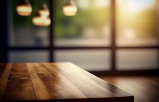 Abstract empty wooden desk table with copy space over interior modern room with blurred background, display for product montage photo