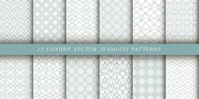 un conjunto de 12 patrones geométricos lujosos para impresión y diseño, líneas gris-azules sobre un fondo blanco. patrones modernos y elegantes vector