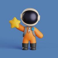 astronauta 3d sosteniendo una estrella amarilla. linda ilustración de personaje foto