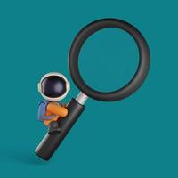 cute astronaut is climbing on a big magnifying glass. 3d render photo