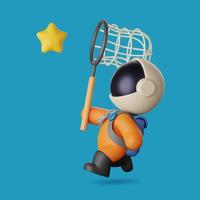 3d astronaut catching stars while holding the net. cute illustration photo