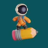 3d astronaut standing on a yellow flying pencil. cute illustration photo