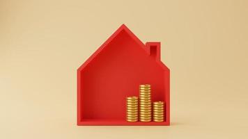 Red house and gold coin on yellow background. Home insurance concept. 3D Render photo