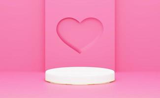 3D white cylinder podium with pink heart shape background. 3D rendering photo