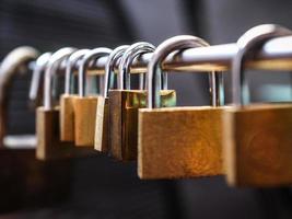 Close-up of padlocks on a steel bar photo