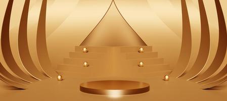 Golden cylinder podium with decorative objects. Luxury Stand to show products. Modern pedestal display with copy space. Banner size. Website cover template. 3D rendering.