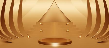 Golden cylinder podium with decorative objects. Luxury Stand to show products. Modern pedestal display with copy space. Banner size. Website cover template. 3D rendering. photo