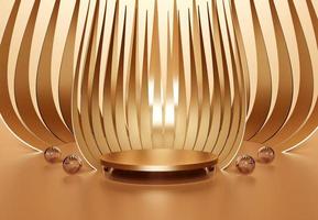 Shiny Golden Cylinder Podium with decorative objects. Luxury Stand to show products. Stage showcase with copy space. Modern Pedestal display.  3D rendering.