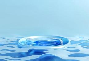 Blue cylinder podium with water texture on blue background.  Stand to show products. Fresh ocean water pedestal display with copy space. Banner size. Website cover template. 3D rendering.
