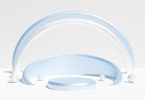 Light blue cylinder podium with decorative objects on white background. Stand to show products. Stage showcase with copy space. Pedestal display.  3D rendering.