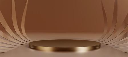Brown cylinder podium with decorative objects. Luxury Stand to show products. Modern pedestal display with copy space. Banner size. Website cover template. 3D rendering. photo