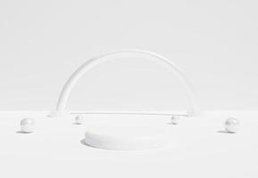 White cylinder podium with decorative abstract objects on white background. Stand to show products. Stage showcase with copy space. Pedestal display.  3D rendering. Futuristic concept.
