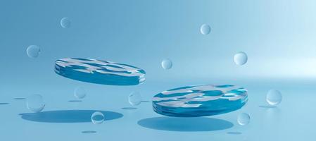 Two water surface cylinder podiums flying on blue background. Water texture plates for product advertising. Clean and fresh concept. Banner size. Website cover template. 3D Rendering.