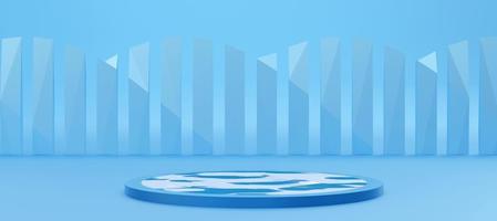 Blue cylinder podium with water surface texture on blue background.  Stand to show products. Fresh ocean water pedestal display with copy space. Banner size. Website cover template. 3D rendering.