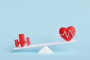 Red heart with red arrow on scale unbalanced indicates negative effects and risks to health. Concept of healthy lifestyle, heart rate, heart disease. Maintaining healthy. 3D render illustration photo