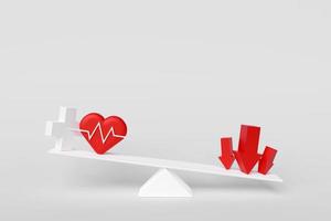 corazón rojo con flecha roja en escala desequilibrada indica efectos negativos y riesgos para la salud. concepto de estilo de vida saludable, frecuencia cardíaca, enfermedad cardíaca. manteniendo saludable. ilustración de procesamiento 3d foto