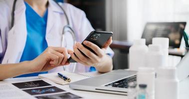 Medicine doctor hand working with modern digital tablet computer interface as medical network concept photo