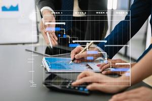 Project manager working and update tasks with milestones progress planning and Gantt chart scheduling diagram.business tram working at office photo