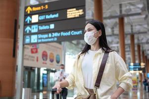 A traveller woman is wearing protective mask in International airport, travel under Covid-19 pandemic, safety travels, social distancing protocol, New normal travel concept photo