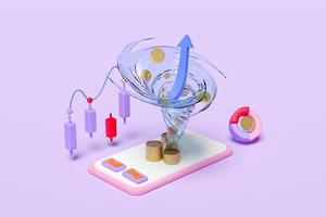 mobile phone, smartphone with charts and graph, analysis business financial data, Online marketing, pile coins, twister isolated on purple background. 3d illustration or 3d render photo