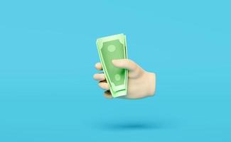 3D cartoon hands holding banknote icons isolated on blue background. quick credit approval or loan approval concept, 3d render illustration photo