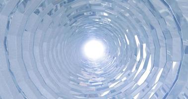 A rotating silver metal chrome shiny tunnel with walls of ribs and lines in the form of a circle with reflections of luminous rays. Abstract background photo