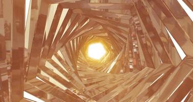 A rotating golden metal tunnel with walls made of ribs and lines in the form of pentagons with reflections of luminous sunbeams. Abstract background photo