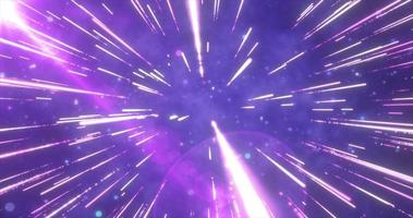 Abstract purple flying stars bright glowing in space with particles and magical energy lines in a tunnel in open space with sun rays. Abstract background photo
