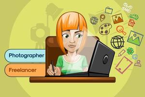Freelancer girl working at the computer retouching photos. vector