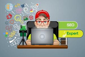 Trendy guy in a red cap and glasses at the laptop works as Seo Expert. vector