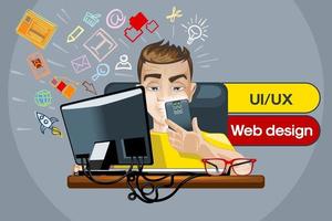 diseñador web ui ux, un tipo con un teléfono en la mano frente a su computadora, desarrollando una aplicación web. vector