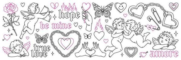 Angel and heart tattoo art 1990s-2000s. Love concept. Happy valentines day stickers. vector