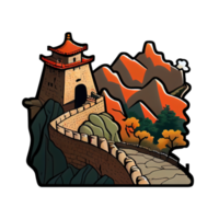 Cartoon sticker of the Great Wall of China, a famous landmark in China png