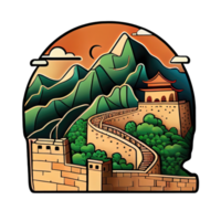 Cartoon sticker of the Great Wall of China, a famous landmark in China png