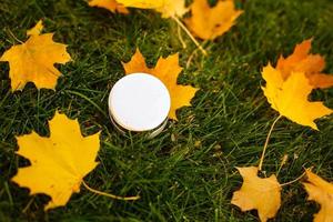 first yellow leaves and a jar of cream photo