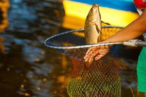 pescador mientras limpia la red de pesca del pez al amanecer foto