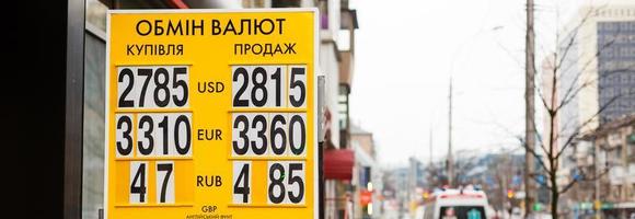 KIEV, UKRAINE - January 3, 2018 scoreboard with exchange rates in the bank's window in central Kiev, Ukraine photo