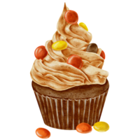 Watercolor chocolate cupcake with orange and yellow candies. Transparent background Png