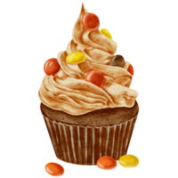 cupcake de chocolate em aquarela com bombons de laranja e amarelos. fundo transparente png