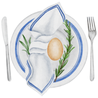 Easter table decor with ceramic easter decorated plate and easter egg decorated with napkin, rosemary, knife and fork. Transparent background PNG