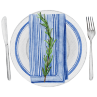 Watercolor Easter table decor with ceramic decorated plate blue table napkin, rosemary, knife and fork. Transparent background PNG