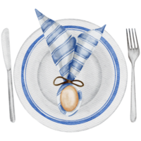decoración de mesa de pascua de acuarela con plato decorado de cerámica de pascua y huevo de pascua decorado con servilleta, cuchillo y tenedor. fondo transparente png