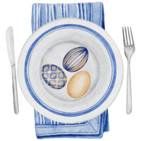 la decoración de la mesa de pascua de color agua con un plato decorado con pascua de cerámica se encuentra en la servilleta y los huevos pintados de pascua, el cuchillo y el tenedor. fondo transparente png