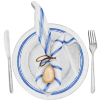 decoración de mesa de pascua de color agua con plato decorado con pascua de cerámica y huevo de pascua decorado con servilleta, cuchillo y tenedor. fondo transparente png
