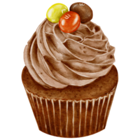 Watercolor chocolate cupcake with orange and yellow candies. Transparent background Png
