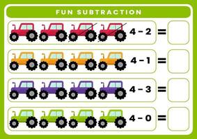 Education game for children fun subtraction by counting cute cartoon transportation. Printable worksheet vector