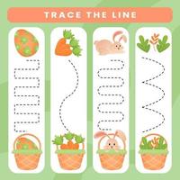 Easter tracing lines with cute bunny. Writing practice holiday page printable vector