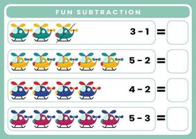 Education game for children fun subtraction by counting cute cartoon transportation. Printable worksheet vector