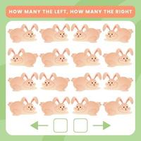 How many go left and how many go right worksheet for kids. Easter holiday educational page vector