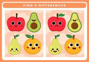 Find 5 differences between two pictures of cute fruits printable worksheet vector